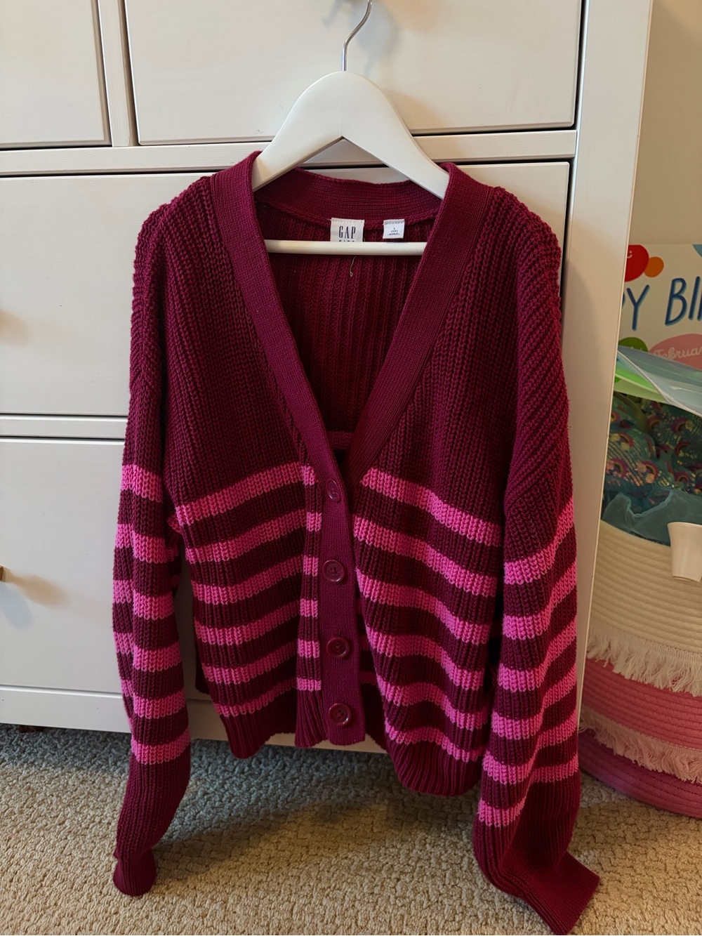 Gap Kids Girls 10 Large Red Pink Striped Chunky Knit Cardigan Cotton